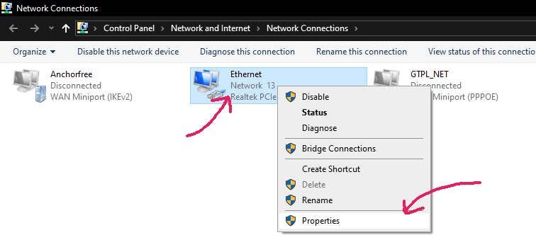 Ethernet settings for ip